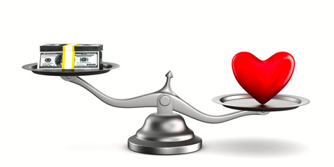 Heart and money on scales. Isolated 3D image