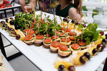 Catering service plate .appetizing sandwiches on plastic sticks rangeSandwiches on a table the buffet