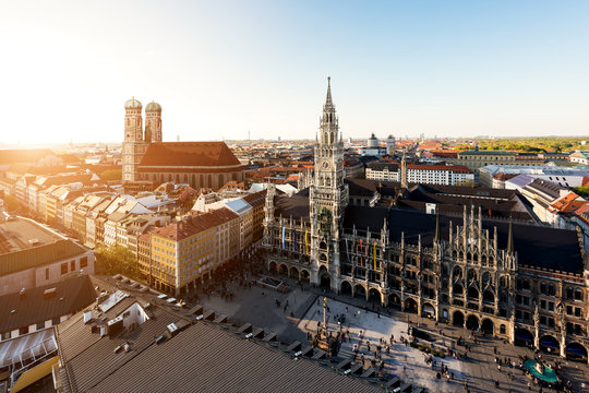 Aerial view on Munich old town hall in Germany.