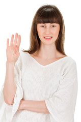 happy smiling woman showing four fingers