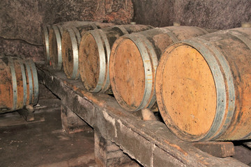 wood wine barriques in a cellar , Campania , Italy 