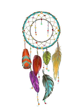 Colorful detailed Dream catcher set, painted watercolor design. Hand drawn editable elements, realistic style, vector illustration. Ethnic Colored feathers, isolated on background,sketched collection.
