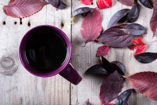 Cup of coffee surounded by red and purple fall leaves