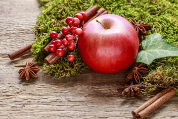 Traditional christmas decoration with red apple, cinnamon sticks