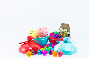 Teddy bear, yellow pink teddy cats on red blue gift box and colo