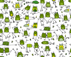 Funny frogs pattern, sketch for your design - obrazy, fototapety, plakaty