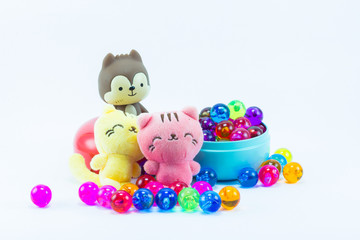 Teddy bear, yellow pink teddy cats on red blue gift box and colo