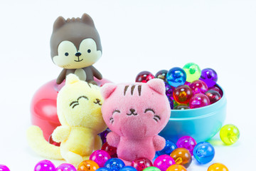 Teddy bear, yellow pink teddy cats on red blue gift box and colo