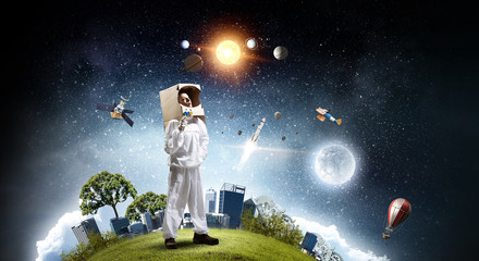She dreams to explore space . Mixed media
