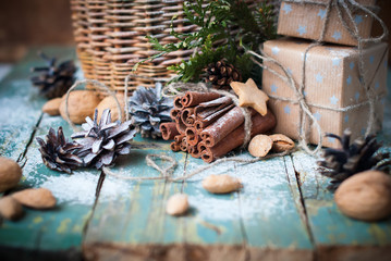 Christmas Ingredients Wooden Boxes Stick Cinnamon