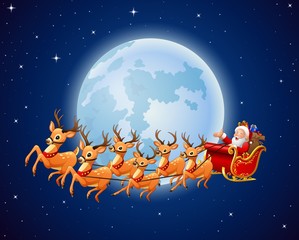 Naklejka premium Santa Claus rides reindeer sleigh against a full moon background