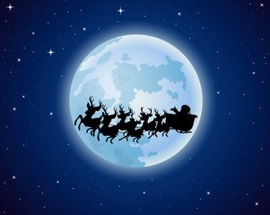 Obraz na płótnie Canvas Santa Claus rides reindeer sleigh silhouette against a full moon background 