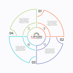 Thin line pie chart infographic template with 4 options. 
