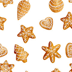 Christmas gingerbread cookies on a white background. Watercolor illustration. Seamless pattern.