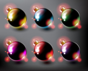 Set of 6 color Christmas balls. Design elements for holiday cards. Glossy and isolated with realistic light and shadow on the dark panel. Vector illustration. Eps 10.