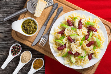 avocado, sausages bow tie Pasta warm salad