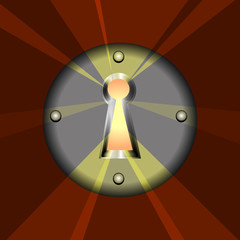 The light emitted from the metal keyhole on brown background