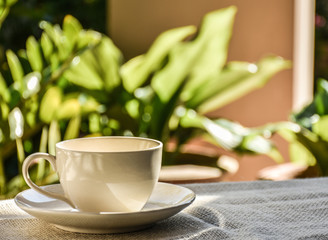 Coffee cup in green garden waiting for freshly brewed coffee. Relax atmosphere coffee break by the green garden.