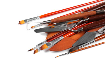 set various painting tools, palette knifes and brush isolated on white