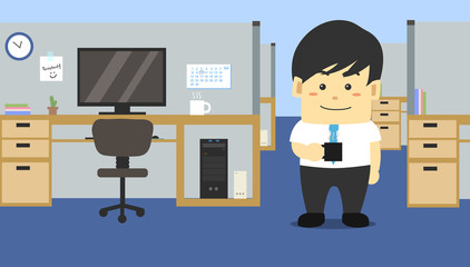 Young businessman holding a black cup of coffee in his hand and standing at the office with smiley face. Workplace room with office supplies. Flat Character and interior design vector illustration