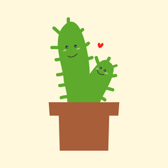 The couple green cactus smile together and heart. Cartoon charac
