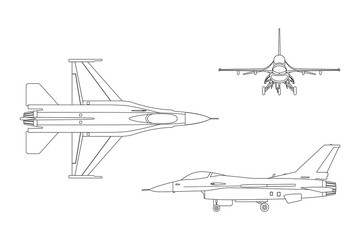 Outline drawing of military aircraft. Top, side, front view