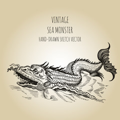 Mythological vintage sea monster. Fragment of old pirate map. Hand drawn vector sketch.