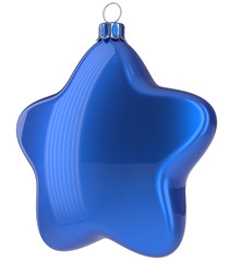 Blue Christmas ball star shaped hanging decoration adornment New Year's Eve bauble. Happy Merry Xmas greeting card design element traditional wintertime holidays decor ornament blank. 3d illustration