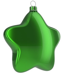 Green Christmas ball star shaped hanging decoration adornment New Year's Eve bauble. Happy Merry Xmas greeting card design element traditional wintertime holidays decor ornament blank. 3d illustration
