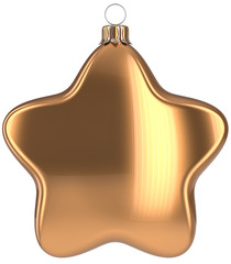 Christmas star hanging decoration golden New Year's Eve bauble ornate Merry Xmas ball. Happy wintertime adornment greeting card design element traditional festive decor ornament blank. 3d illustration