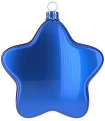 Christmas star hanging decoration blue New Year's Eve bauble ornate Merry Xmas ball. Happy wintertime adornment greeting card design element traditional festive decor ornament blank. 3d illustration