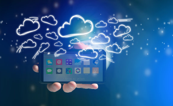 Concept of cloud stockage with icon around a smartphone