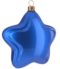 Christmas star shaped Merry Xmas ball blue hanging decoration adornment New Year's Eve bauble. Happy wintertime holidays greeting card design element traditional decor ornament blank. 3d illustration