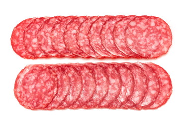 Salami sausage slices isolated on white background