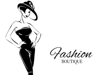 Black and white fashion woman model with boutique logo background. Hand drawn vector