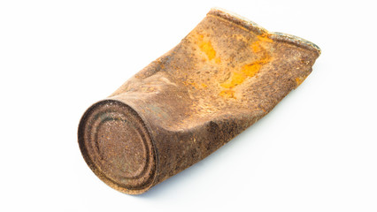 Old rusty tin can isolated on white background