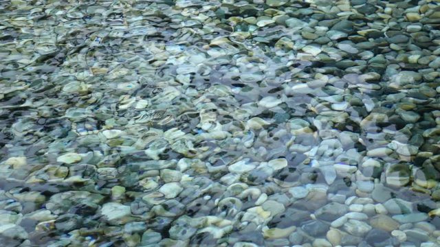 Slow motion of abstract natural background. Beautiful view for amazing intro in excellent octuple decelerated clip. Ripple on shallow transparent water surface with gray pebble bottom.
