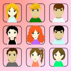 Vector set of people, different hair colors, icons, portraits of men and women