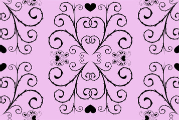 Pink seamless pattern with hearts and butterflies, vector.