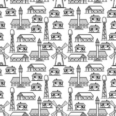 Country seamless pattern with mill barn and houses vector