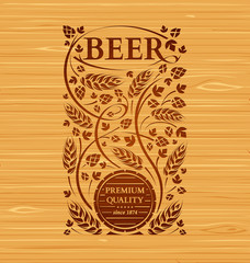 Vector beer emblem with hops and malton a wooden background - 127568678
