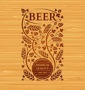 Vector beer emblem with hops and malton a wooden background