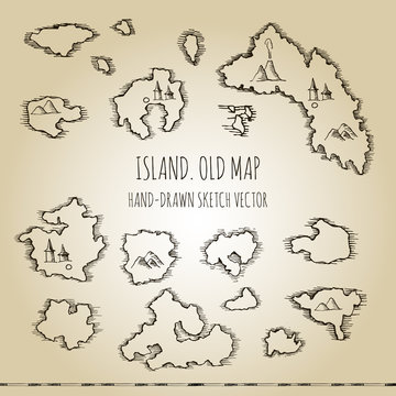 Islands. Fragment of old pirate map. Hand drawn vector sketch.