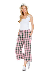 Fashion photo of young magnificent woman wearing fashionable summer clothes