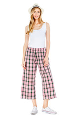 Fashion photo of young magnificent woman wearing fashionable summer clothes