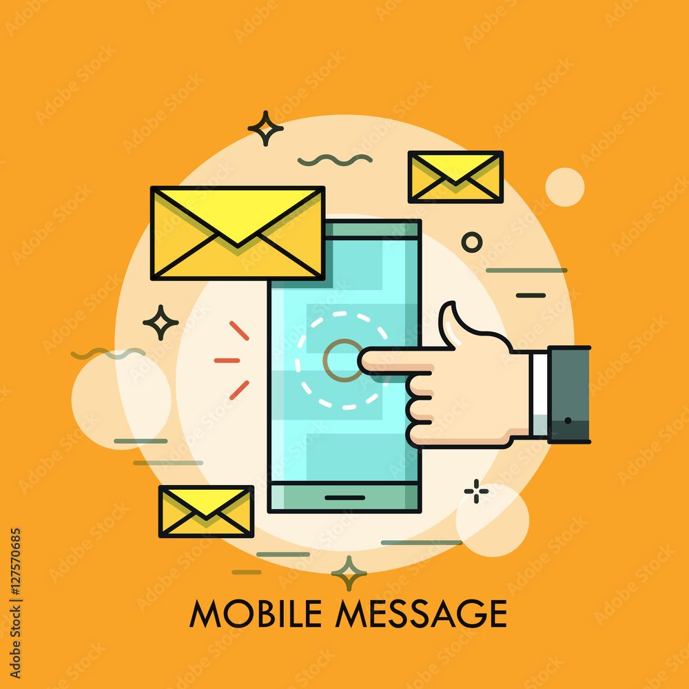 Poster hand touching smartphone screen with new message