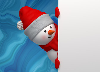 3d render, digital illustration, snowman banner, Christmas card, blank banner, red holiday...