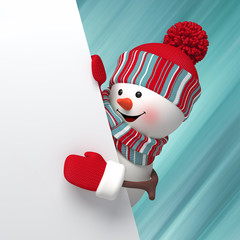 3d render, digital illustration, snowman banner, Christmas card, blank banner, red holiday background