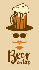 face of a man with a mustache wearing glasses with a glass of beer on his head