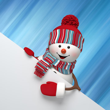 3d render, digital illustration, snowman banner, Christmas card, blank banner, red holiday background